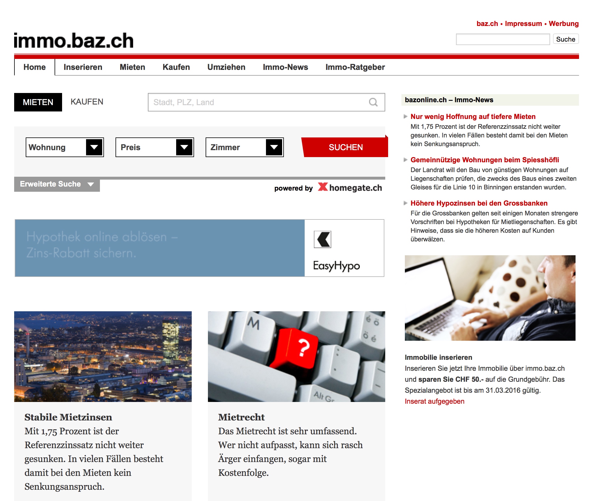 Das neue Immobilienportal von Homegate und BaZ (Screenshot: Homegate)